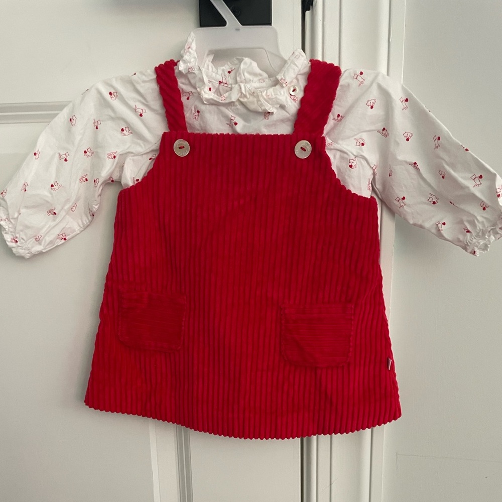 Jacadi Red Corduroy Dress with White Patterned Shirt